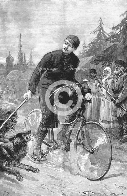 ''Lieutenant George Martos Riding a Bicycle from St. Petersburg to Paris and being Attacked by Dogs  Creator: Unknown.