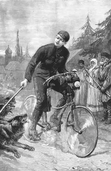 'Lieutenant George Martos Riding a Bicycle from St. Petersburg to Paris and being Attacked by Dogs Creator: Unknown