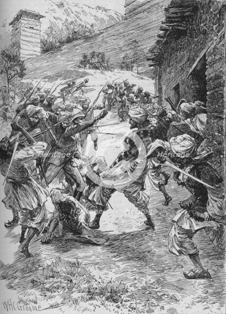 Lieutenant Harley, at the Head of Forty Sikhs and Sixty Kashmiris, Rushed the House Over the Mouth  Artist: William Henry Charles Groome.