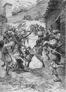 Lieutenant Harley, at the Head of Forty Sikhs and Sixty Kashmiris, Rushed the House Over the Mouth Artist: William Henry Charles Groome