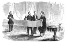 Lieutenant Montagu O'Reilly explaining his Sketch of Sebastopol to the Sultan, 1854. Creator: Unknown