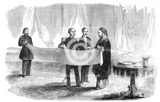 Lieutenant Montagu O'Reilly explaining his Sketch of Sebastopol to the Sultan, 1854. Creator: Unknown.