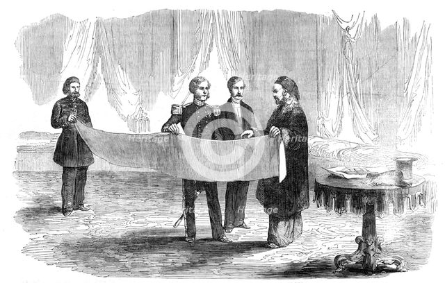 Lieutenant Montagu O'Reilly explaining his Sketch of Sebastopol to the Sultan, 1854. Creator: Unknown.