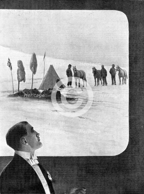 Lieutenant Shackleton giving his lecture before the Royal Geographical Society...1909. Creator: Samuel Begg.