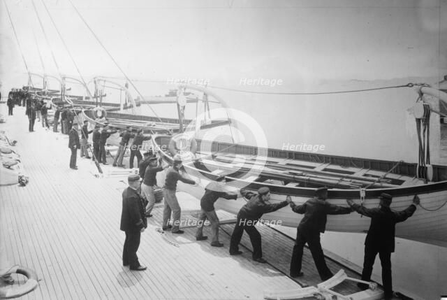 Life boat drill, Holland America Line - putting boats over the side, between c1910 and c1915. Creator: Bain News Service.