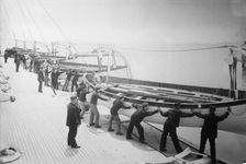 Life boat drill, Holland America Line - putting boats over the side, between c1910 and c1915. Creator: Bain News Service