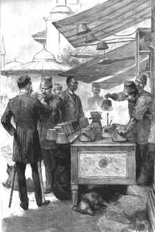 'Life in the East -- Fez blockers in the Bazaar at Stamboul 1890. Creator: Unknown