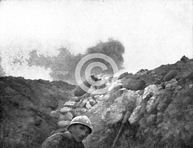 Life in the trenches in Champagne; A  torpedo explodes at some distance..., 1917. Creator: Unknown.