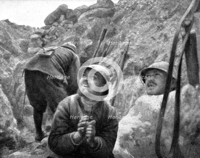 Life in the trenches in Champagne; A torpedo passes: two soldiers follow its trajectory...1917. Creator: Unknown.