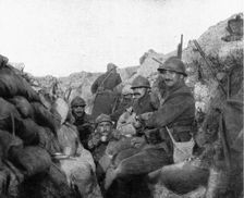 Life in the trenches in Champagne; Calm: "le pinard" 1917. Creator: Unknown