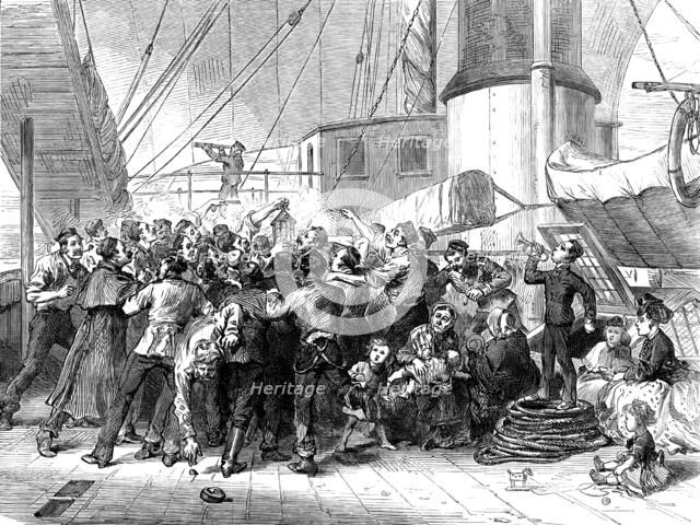 Life on board a troop-ship: "Commence Firing", 1873. Creator: Unknown.