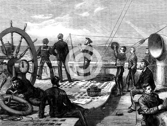 Life on board a troop-ship: heaving the log, 1873. Creator: Unknown.