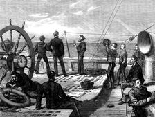 Life on board a troop-ship: heaving the log, 1873. Creator: Unknown