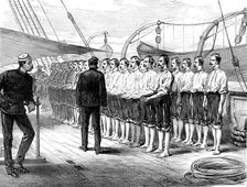 Life on board a troop-ship: inspection of hands and feet, 1873. Creator: Unknown