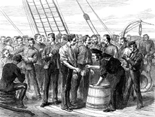 Life on board a troop-ship: serving out grog, 1873. Creator: Unknown