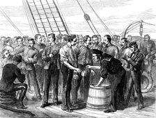 Life on board a troop-ship: serving out grog, 1873. Creator: Unknown