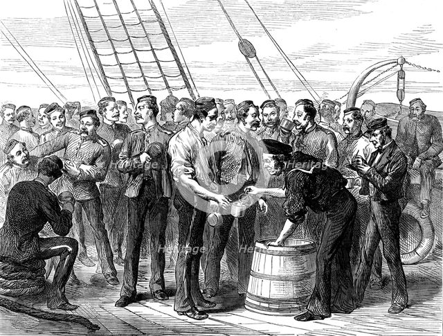 Life on board a troop-ship: serving out grog, 1873. Creator: Unknown.