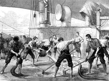 Life on board a troop-ship: washing the decks, 1873. Creator: Unknown