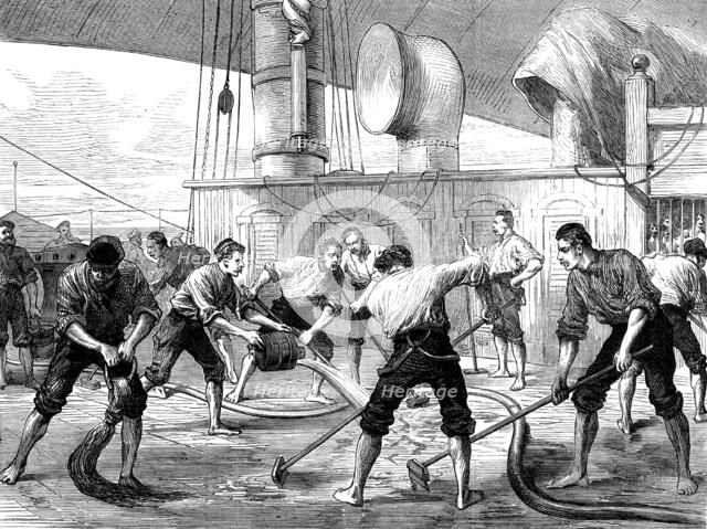 Life on board a troop-ship: washing the decks, 1873. Creator: Unknown.