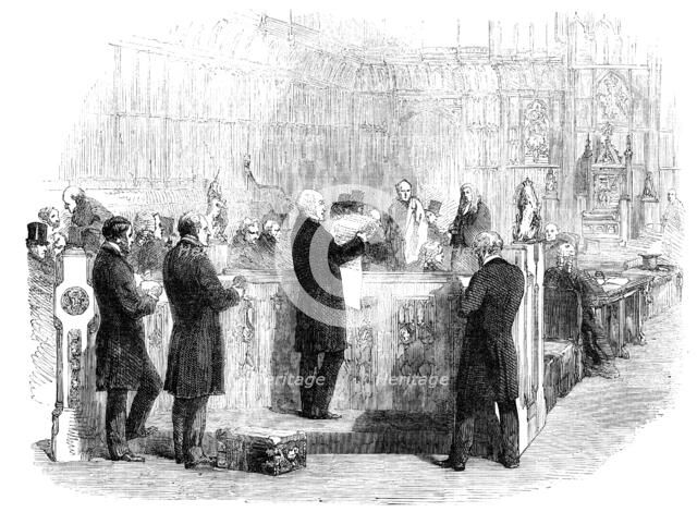 Life Peerages - the Assistant-Keeper of the Records Reading the Peerage Patent at the Bar of the Hou Creator: Unknown.