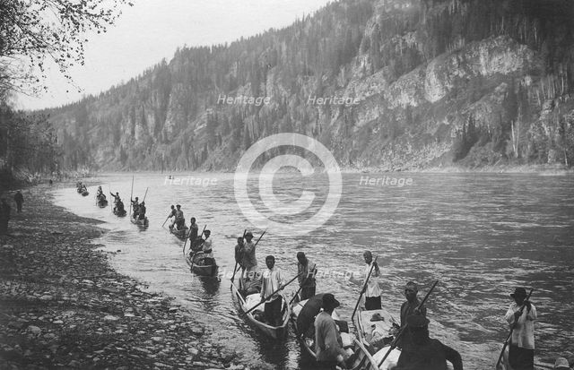 Lifting the Expedition Boats to the Mrasskii Rapid, Below the Shadrovo Ulus, 1913. Creator: GI Ivanov.