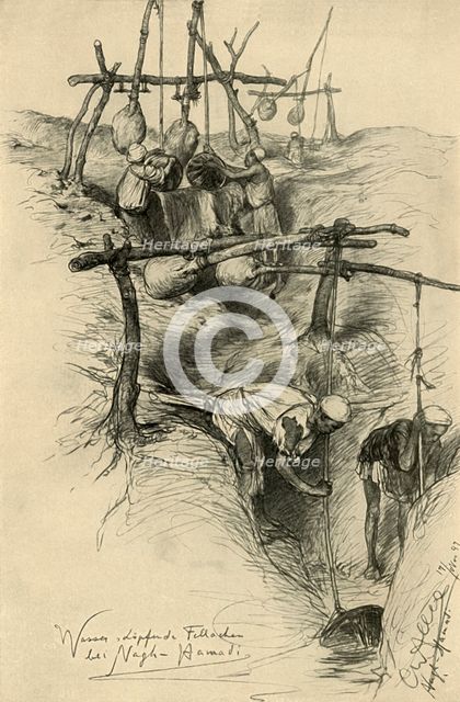 Lifting water water from the Nile using a shadouf, Nag Hammadi, Egypt, 1898. Creator: Christian Wilhelm Allers.