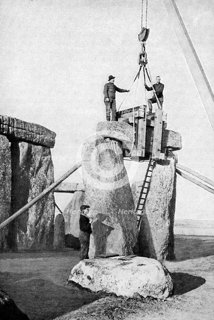 Lifting of an impost at Stonehenge, 1901, (c1920). Artist: Unknown