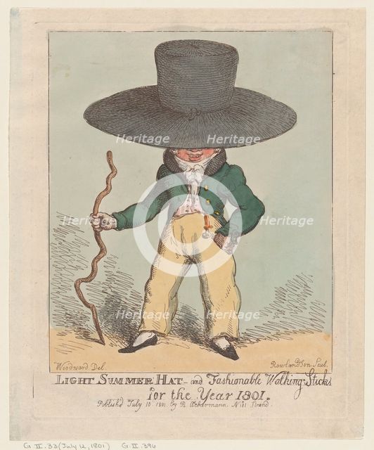Light Summer Hat and Fashionable Walking Sticks for the Year 1801, July 10, 1801., July 10, 1801. Creator: Thomas Rowlandson.