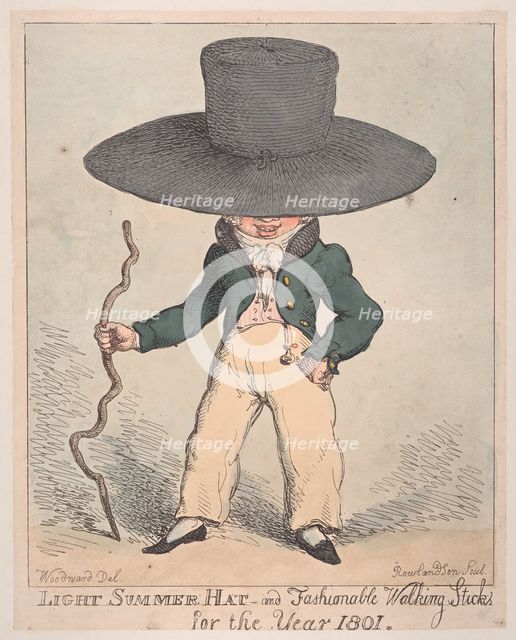 Light Summer Hat and Fashionable Walking Sticks for the Year 1801, July 10, 1801., July 10, 1801. Creator: Thomas Rowlandson.