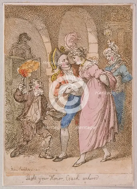 'Light your Honor Coach unhired'; scene at Covent Garden piazza,Cries of London, 1811. Artist: Anon
