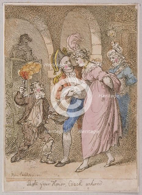 'Light your Honor Coach unhired'; scene at Covent Garden piazza,Cries of London, 1811. Artist: Anon