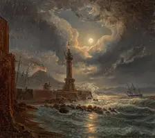 Lighthouse in the harbor of Naples in the moonlight, 1827. Creator: Joseph Rebell