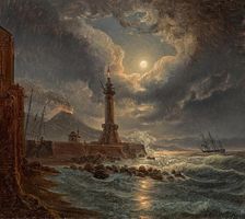 Lighthouse in the harbor of Naples in the moonlight, 1827. Creator: Joseph Rebell