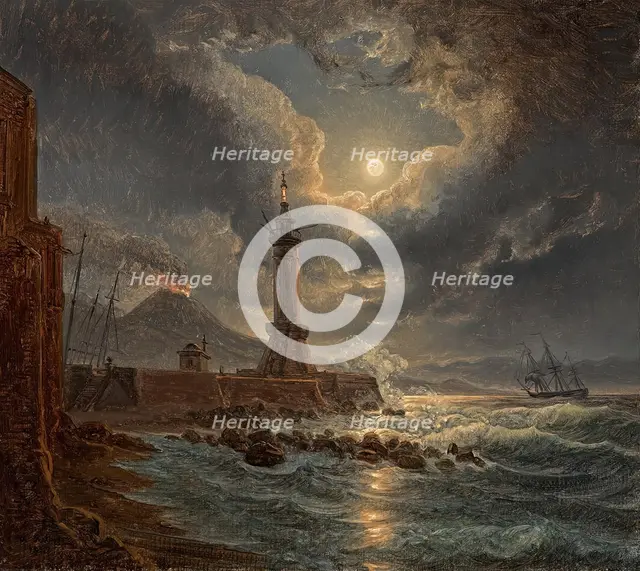 Lighthouse in the harbor of Naples in the moonlight, 1827. Creator: Joseph Rebell.