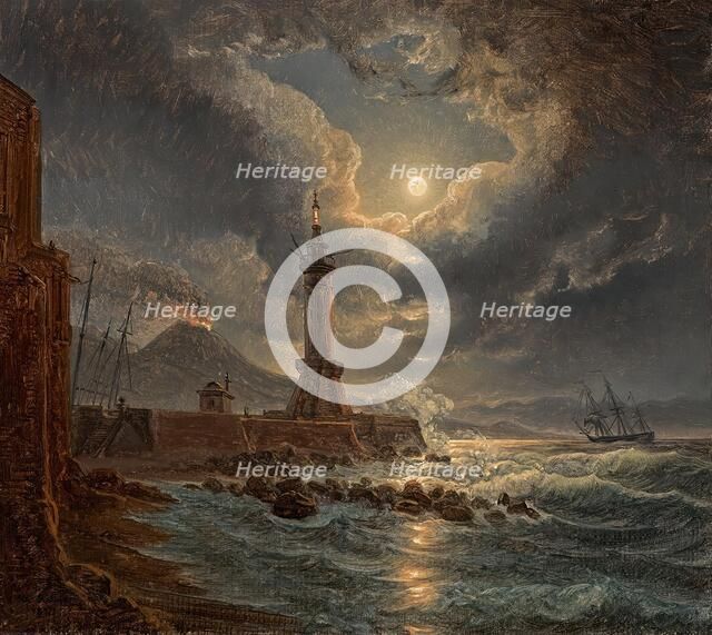 Lighthouse in the harbor of Naples in the moonlight, 1827. Creator: Joseph Rebell.