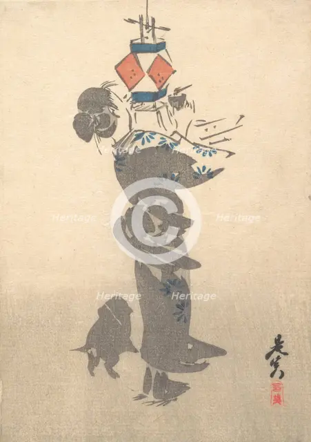Lighting a Hanging Lantern for the Obon Festival, 1860., 1860. Creator: Shibata Zeshin.