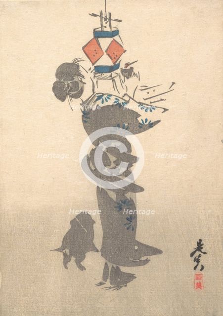 Lighting a Hanging Lantern for the Obon Festival, 1860., 1860. Creator: Shibata Zeshin.
