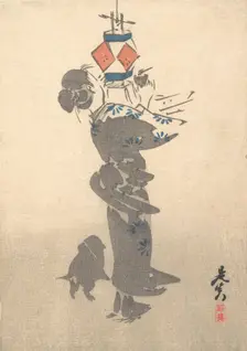Lighting a Hanging Lantern for the Obon Festival, 1860., 1860. Creator: Shibata Zeshin