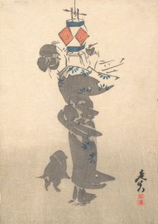 Lighting a Hanging Lantern for the Obon Festival, 1860., 1860. Creator: Shibata Zeshin
