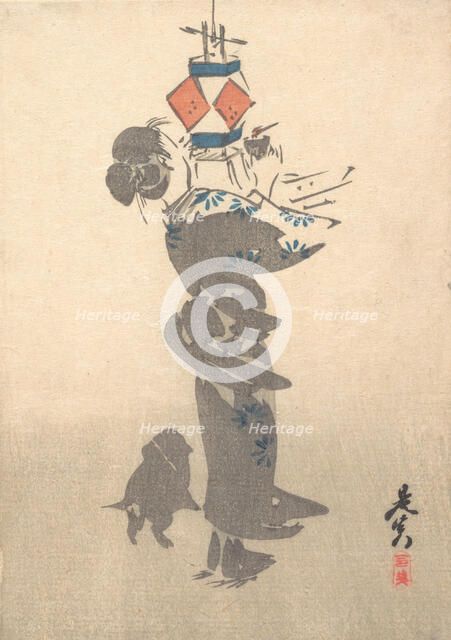 Lighting a Hanging Lantern for the Obon Festival, 1860., 1860. Creator: Shibata Zeshin.