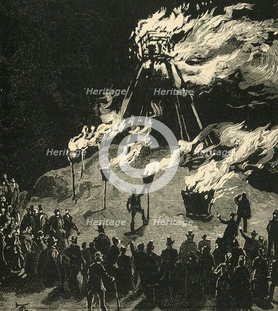 'Lighting The Signal Beacon At Malvern', c1897. Creator: Unknown.