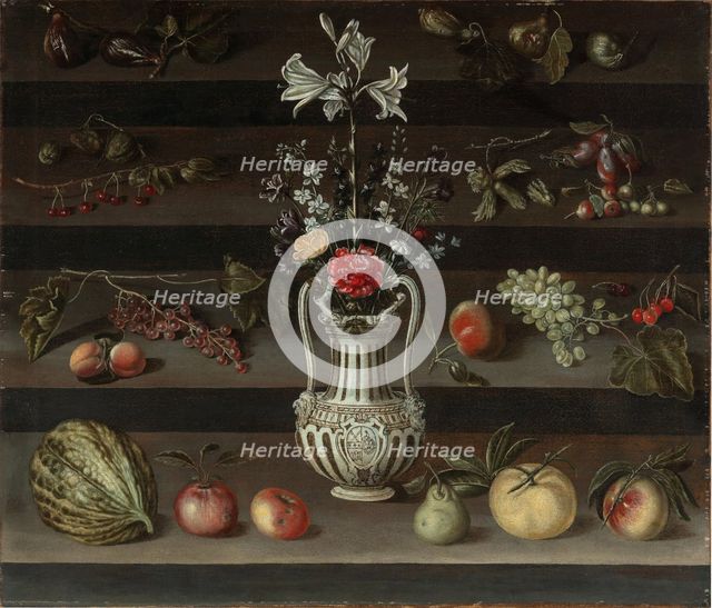 Lilies and other flowers in a majolica vase, with peaches, grapes, cherries..., 2nd half of 17th cen Creator: Josefa de Óbidos (Josefa de Ayala) (1630-1684).