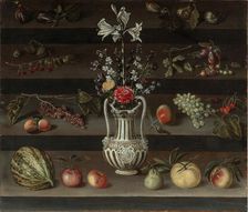Lilies and other flowers in a majolica vase, with peaches, grapes, cherries..., 2nd half of 17th cen Creator: Josefa de Óbidos (Josefa de Ayala) (1630-1684)
