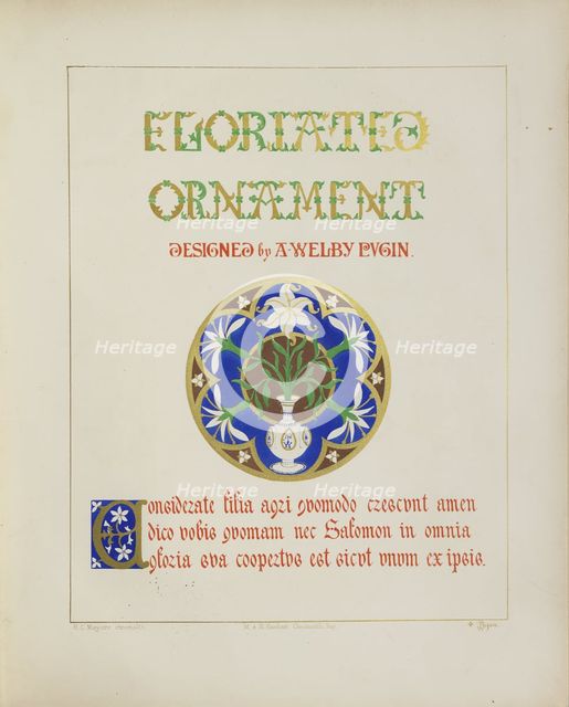 Lilies in a vase and quote from the Bible, 1849. Creator: H C Maguire.