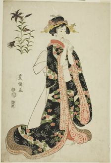 Lilies: young woman holding a letter, from an untitled series of beauties and flowers, 1812. Creator: Utagawa Toyokuni I