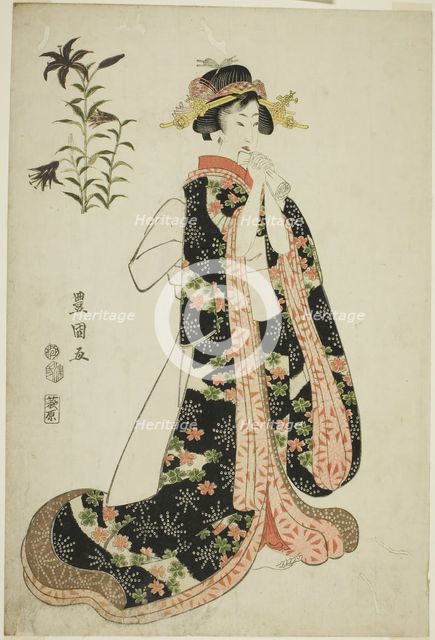 Lilies: young woman holding a letter, from an untitled series of beauties and flowers, 1812. Creator: Utagawa Toyokuni I.