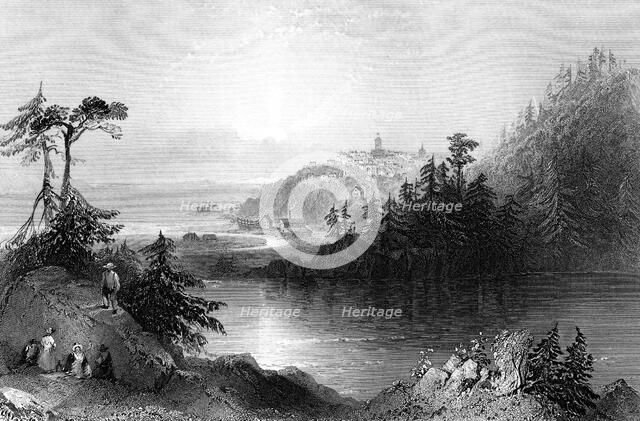 Lily Lake, with the town of St John on an outcrop beyond, Canada, 19th century.Artist: R Brandard