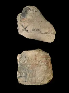 Limestone ostraca with humorous sketches in red and black ink, XIXth Dynasty (c1292 BC-c1190 BC)