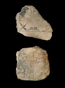 Limestone ostraca with humorous sketches in red and black ink, XIXth Dynasty (c1292 BC-c1190 BC)