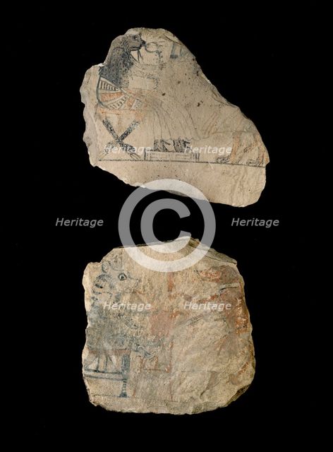 Limestone ostraca with humorous sketches in red and black ink, XIXth Dynasty (c1292 BC-c1190 BC). Artist: Unknown.